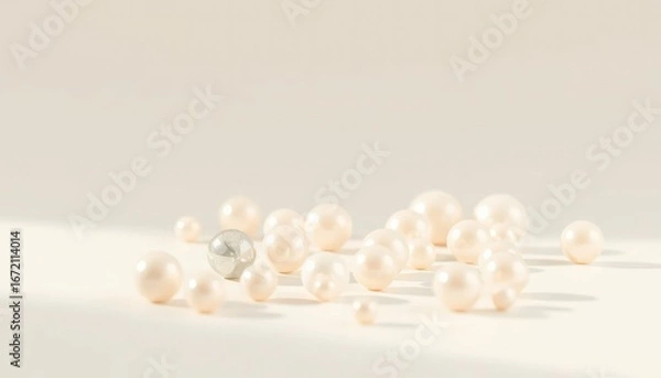 Fototapeta Scattered Pearls and One Silver Ball on White Surface