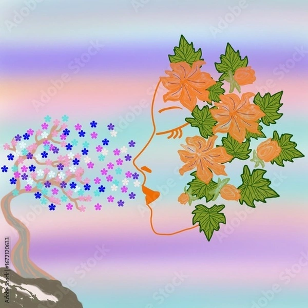 Fototapeta Breath of Blossoms  Abstract Woman with Floral Hair and Pastel Background autumn landscape with tree