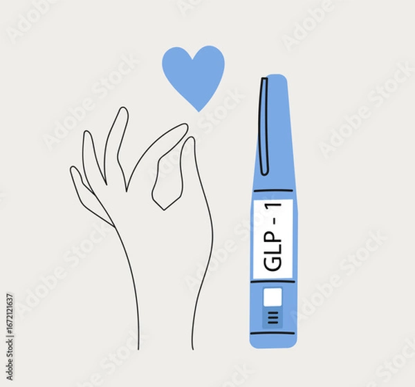 Fototapeta Human hand with GLP 1 injection pen. Hormone syringes. Vector line art illustration