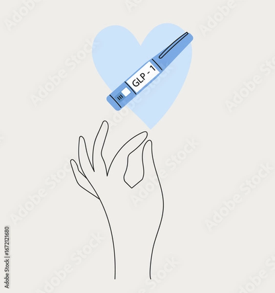 Fototapeta Human hand with GLP 1 injection pen. Hormone syringes. Vector line art illustration