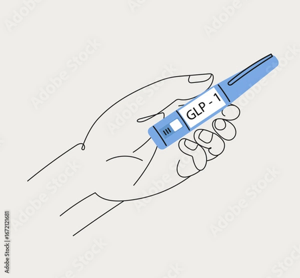 Fototapeta Human hand with GLP 1 injection pen. Hormone syringes. Vector line art illustration
