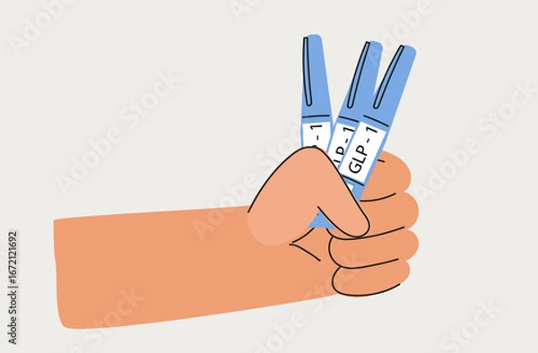 Fototapeta Human hand with GLP 1 injection pen. Hormone syringes. Vector line art illustration