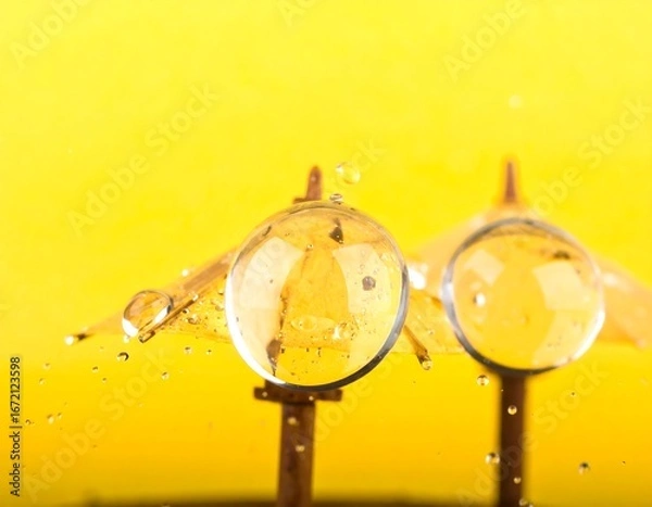 Fototapeta Two translucent spheres on rusty posts, suspended over a yellow background, with water droplets