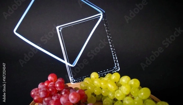 Fototapeta Two translucent squares hover over red and green grapes on a wooden surface against a black backdrop