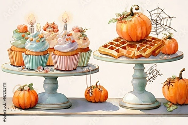 Fototapeta Halloween treats on cake stands with cupcakes and waffles