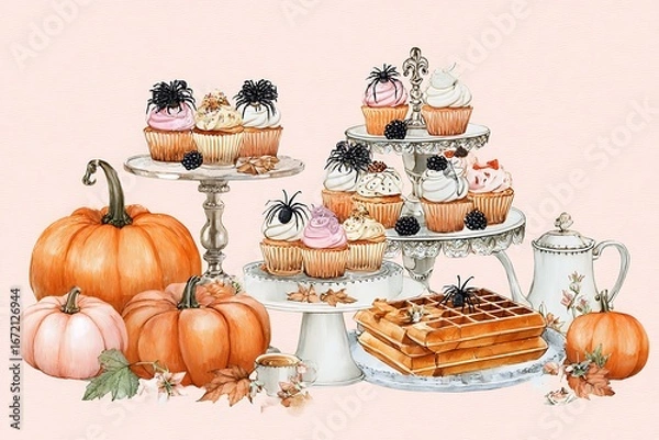 Obraz Halloween dessert table with cupcakes and waffles surrounded by pumpkins
