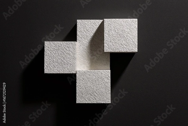 Fototapeta White textured cubic blocks casting shadow on dark black background, minimal geometric abstract modern 3D composition
