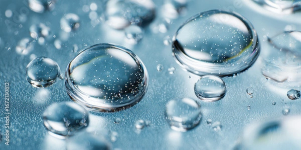 Fototapeta Close Up of Transparent Niacinamide Gel Drops on a Blue Surface