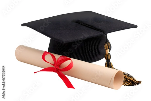 Fototapeta Graduation concept with mortarboard cap and diploma, symbol of achievement and education isolated on white background