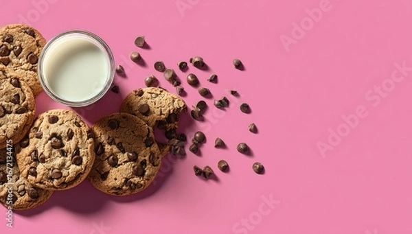 Obraz Chocolate chip cookies and milk arranged on a pink surface.