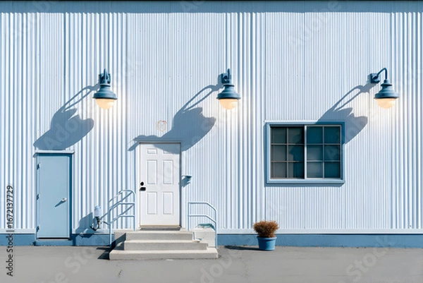 Fototapeta Exterior of a light blue building with three wall-mounted lights and shadows resembling hands.