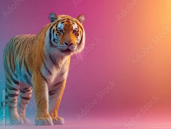 Fototapeta Majestic tiger stands confidently against vibrant colorful backdrop in a serene setting