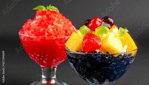 Fototapeta Two vibrant desserts, one red shaved ice, the other a blue base topped with colorful fruit