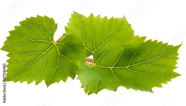 Fototapeta Two vibrant green grape leaves, slightly overlapping, are shown against a pure white background