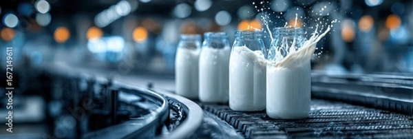 Fototapeta Milk bottles on a production line with splash effect inside a dairy factory showcasing modern processing techniques