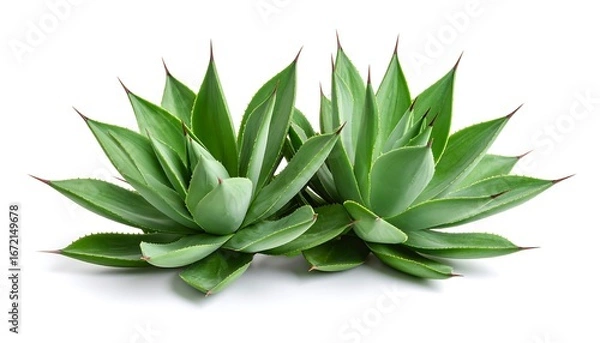 Fototapeta Two vibrant green succulent plants with sharp, pointed leaves, set against a stark white background