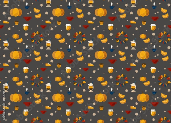 Fototapeta Autumn seamless pattern with cartoon pumpkin, coffee, pie, and fall leaves design for Thanksgiving.