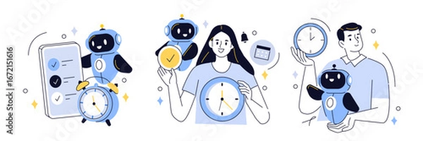 Fototapeta Time management set. Characters using artificial intelligence generative tools to manage, prioritize, delegate tasks and schedule. Business and organization concept. Vector illustration.