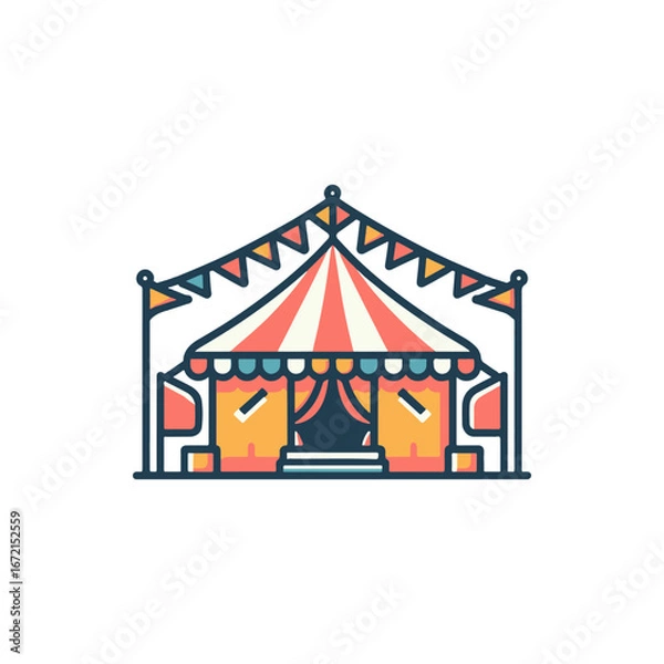 Fototapeta Colorful circus tent with flags and decorative entrance, set against a clear sky background