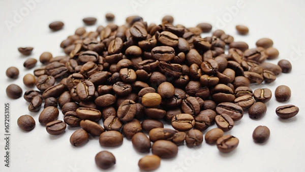 Fototapeta Pile of Brown Coffee Beans on White Background Surface