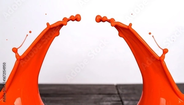 Fototapeta Two vibrant orange liquid splashes arc gracefully, mirroring each other against a stark white backdrop and dark surface