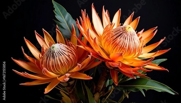 Fototapeta Two vibrant orange flowers against a black background, detailed texture and sharp focus