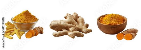 Fototapeta Ground and Whole Turmeric and Ginger Root on transparent background, png file