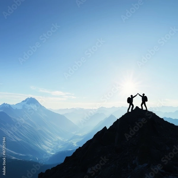 Obraz Hikers silhouetted during sunrise giving high five after reaching mountain summit, celebrating accomplishment with misty valley and distant peaks below