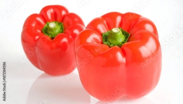 Fototapeta Two vibrant red bell peppers, glossy and plump, sit on a reflective white surface