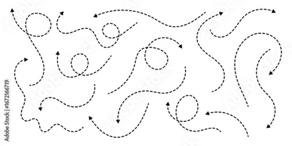 Fototapeta Dashed arrow set. Vector doodle dot line. Dotted hand drawn arrow. Doodle arrows of various shapes and directions. Vector illustration. EPS 10