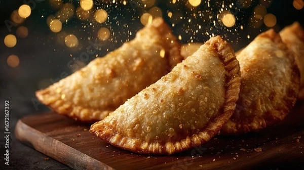 Fototapeta Gujiya / Karanji - Deep-fried dumplings filled with sweetened khoya and dry fruits. on a dark background with golden bokeh lights