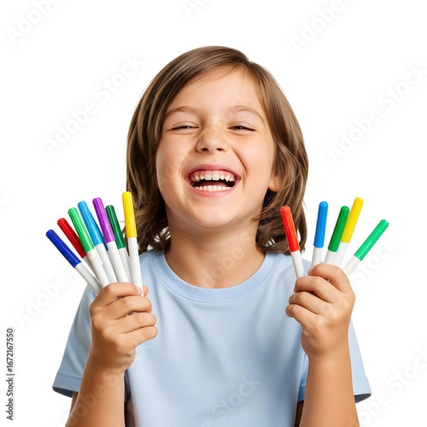 Fototapeta Happy child holding colorful markers, expressing joy and creativity through art supplies, isolated on a white background