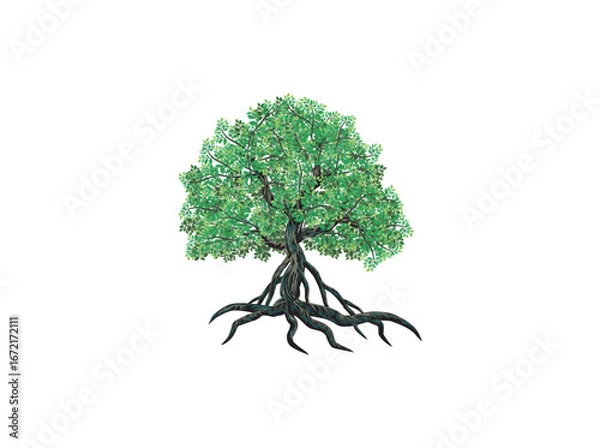 Obraz Mangrove tree with lush green leaves and exposed roots over water vector illustration
