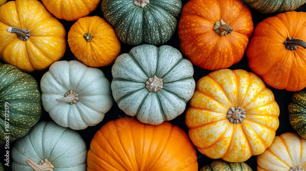 Fototapeta Colorful pumpkins background, overhead view, autumn harvest display