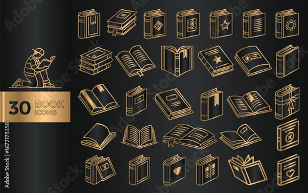 Fototapeta Set of 30 golden book and education icons on dark background vector illustration for web design and mobile apps