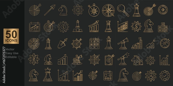 Fototapeta Set of 50 golden business and finance line icons on dark background including charts graphs money calculator and tools