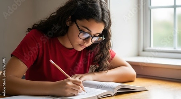 Fototapeta Focused hispanic female teen studying by window with notebook and pencil