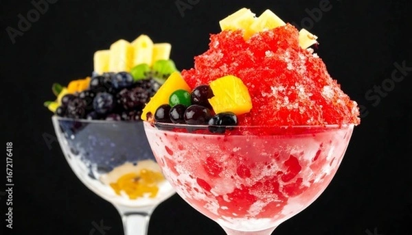 Fototapeta Two vibrant shaved ice desserts, one red, one blue, adorned with assorted fresh fruits