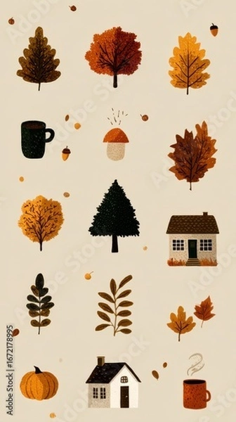 Fototapeta Autumn elements including trees, leaves, and cozy items in warm colors capturing the essence of fall
