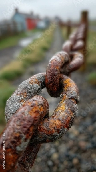 Fototapeta Weathered chain links rusting along a misty path in a remote area