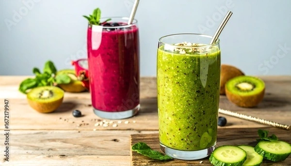 Fototapeta Two vibrant smoothies in glasses, surrounded by fresh fruit and garnishes, sit on a rustic wooden surface