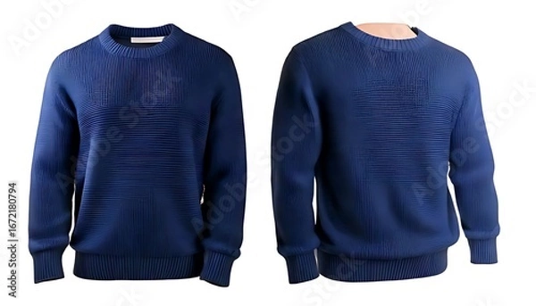 Fototapeta Two views of a solid dark blue crewneck sweater, one flat and one on a mannequin