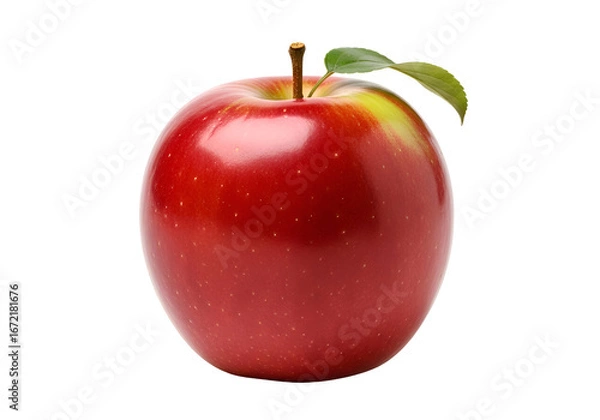 Obraz Vibrant Red Apple with Leaf on White Background.