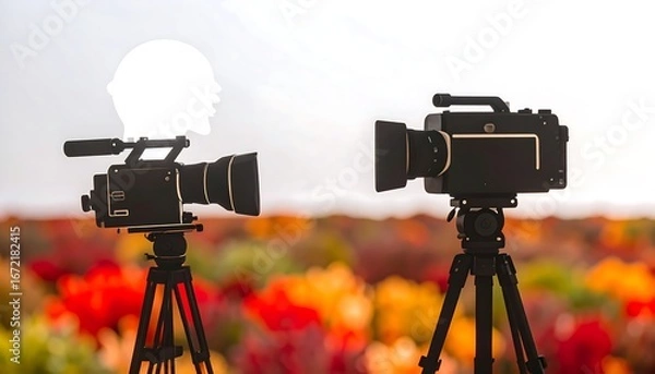 Fototapeta Two video cameras on tripods face each other, a white silhouette of a head is between them, autumn foliage in the background