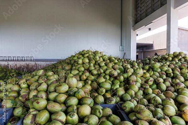Fototapeta Abundant Harvest: Fresh Green Coconuts Piled High in a Tropical Processing Facility