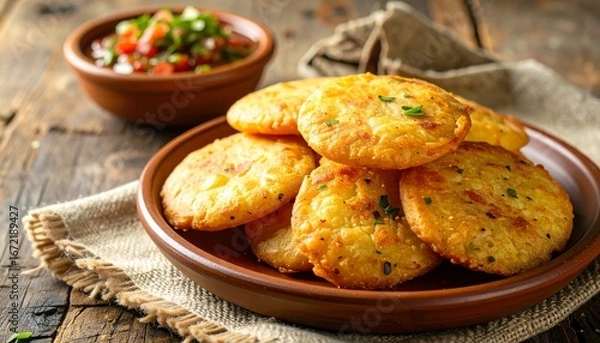 Obraz Golden crispy sopaipillas stacked on a brown plate alongside fresh salsa and rustic wood