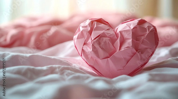 Fototapeta Crumpled pink paper heart on bed, sunlight, soft sheets