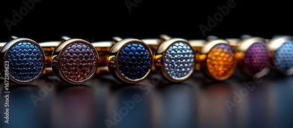 Fototapeta Colorful cufflinks on dark reflective surface, closeup for product showcase