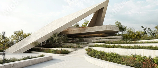 Obraz A modern architectural presentation featuring orthographic drawings and 3D renders of a triangular futuristic structure with a curving stone roofline. 
