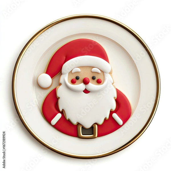 Fototapeta 3D Santa Claus cookies on a plate close-up, isolated, on a white background. Illustration, funny, festive print. Advertising of festive sweets.